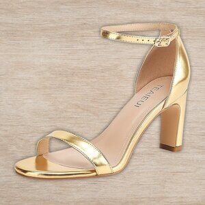 NEW Gold Metallic Round Toe Heeled Sandals Chunky High Heel Womens Sz 9